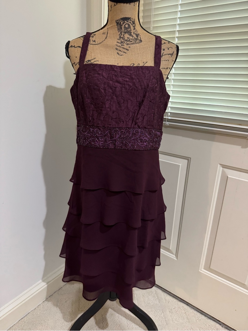 R&M Richards Plum Tiered Chiffon Midi Dress